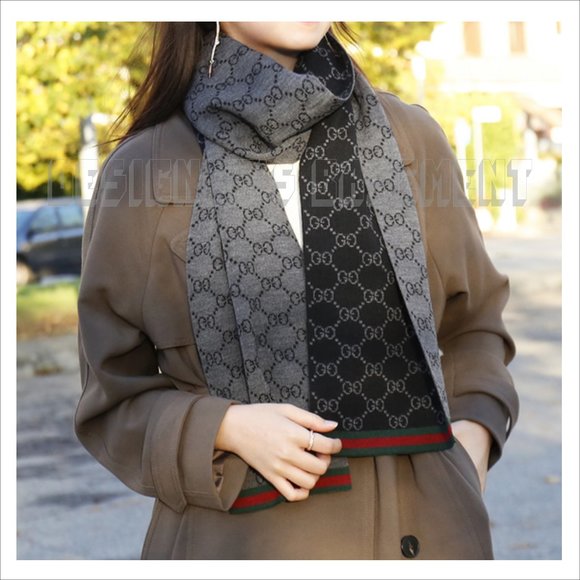 GUCCI black /gray SOLANGE Original GG red & green WEB wool reversible long scarf - Picture 6 of 7